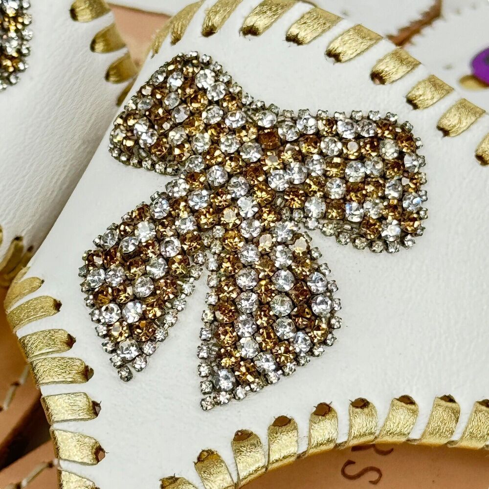 Jack Rogers Women’s White Gold Thong Sandal 6.5 Sparkle Bow Rhinestone Fancy NEW - Picture 2 of 11